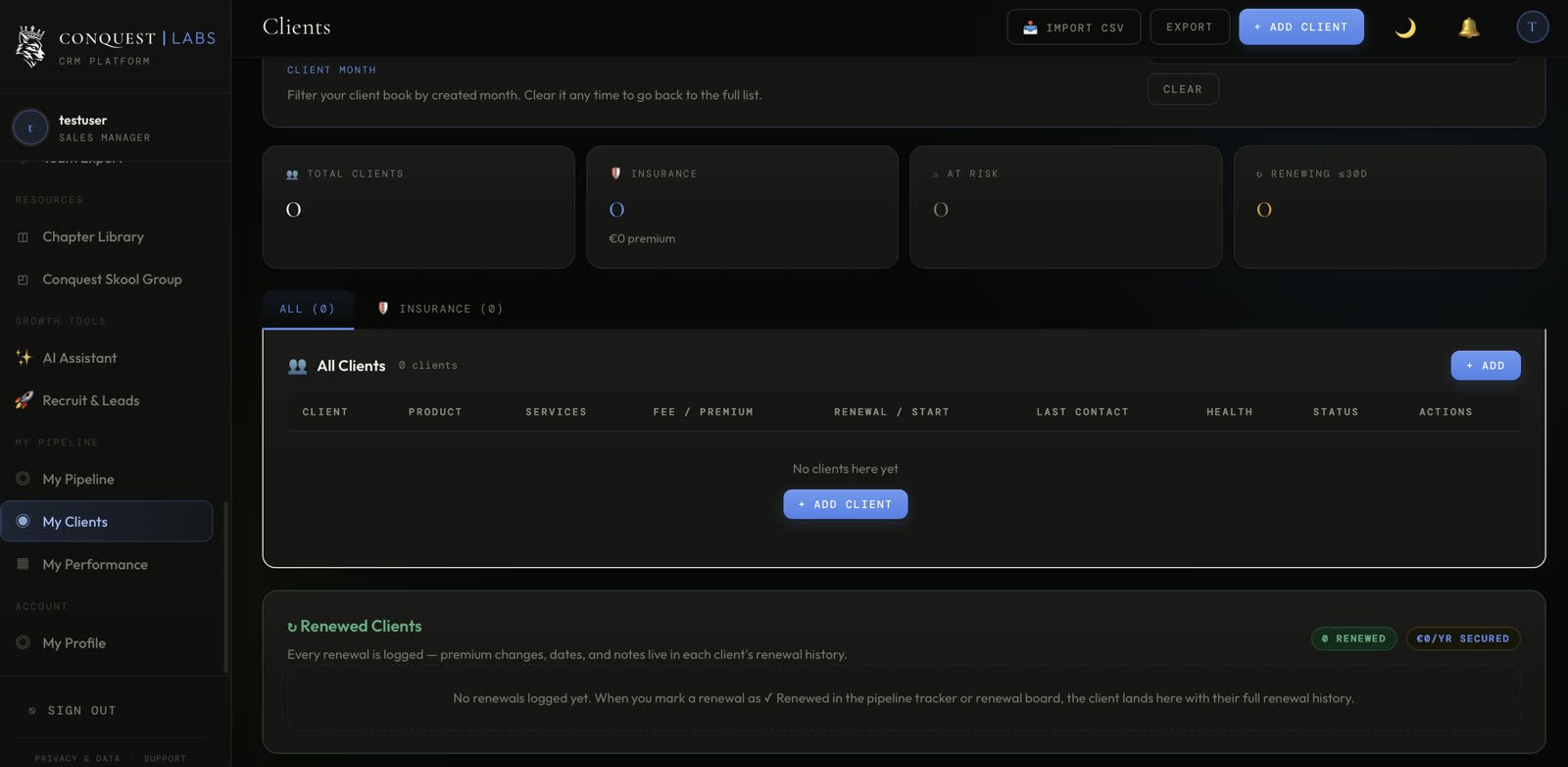 Conquest CRM My Clients page