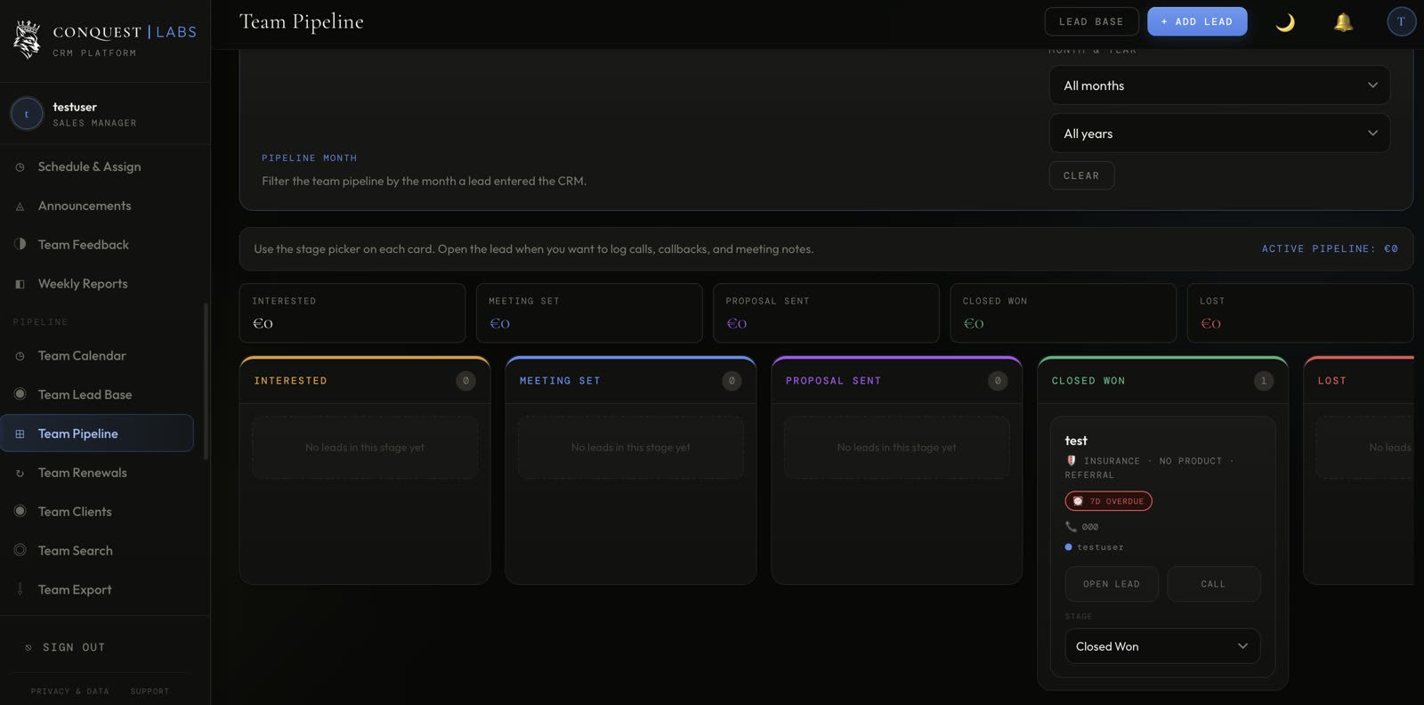 Conquest CRM pipeline board
