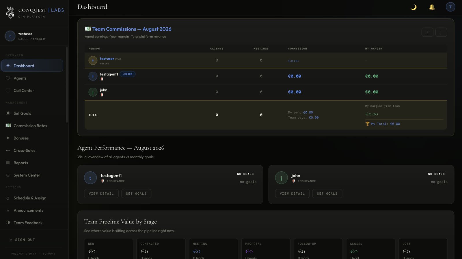 Conquest CRM Leader dashboard showing team commissions and agent performance